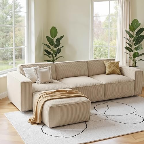 Amada 111” Modular Sectional Sofa Couches L-Shape Couch 3 Seat Modular Sofa Memory Foam Sectional Couches for Living Room, Cloud Couch with Oversized Ottoman(3-Seater&1 Ottoman,Beige)