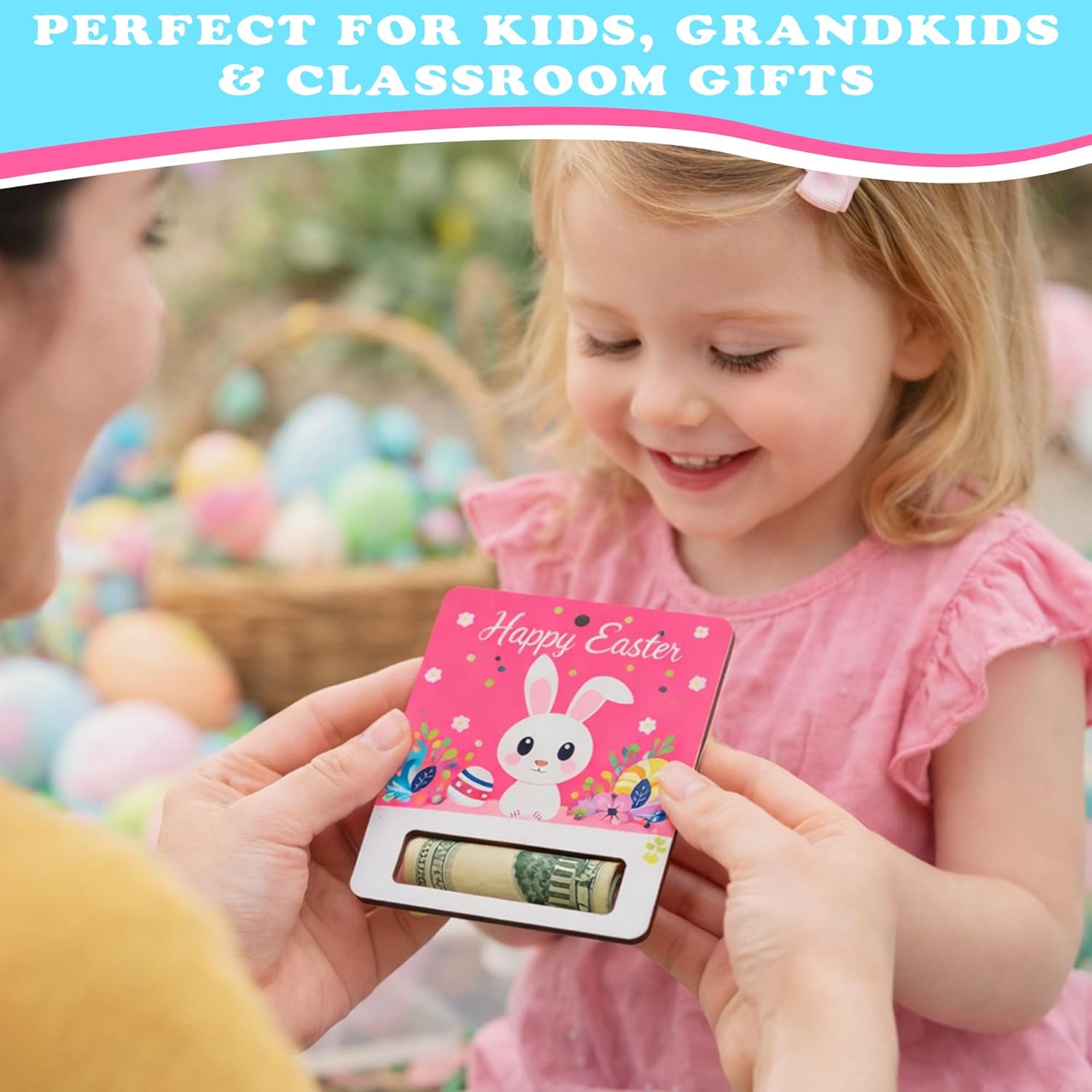 KATINAT Easter Bunny Gift Holder for Cash, Pack of 2 Wooden Rabbit Currency Display, Spring Basket Stuffers for Teens & Kids, Bunny Holding Holiday Egg Money Present, Pink Rabbit Cash Set