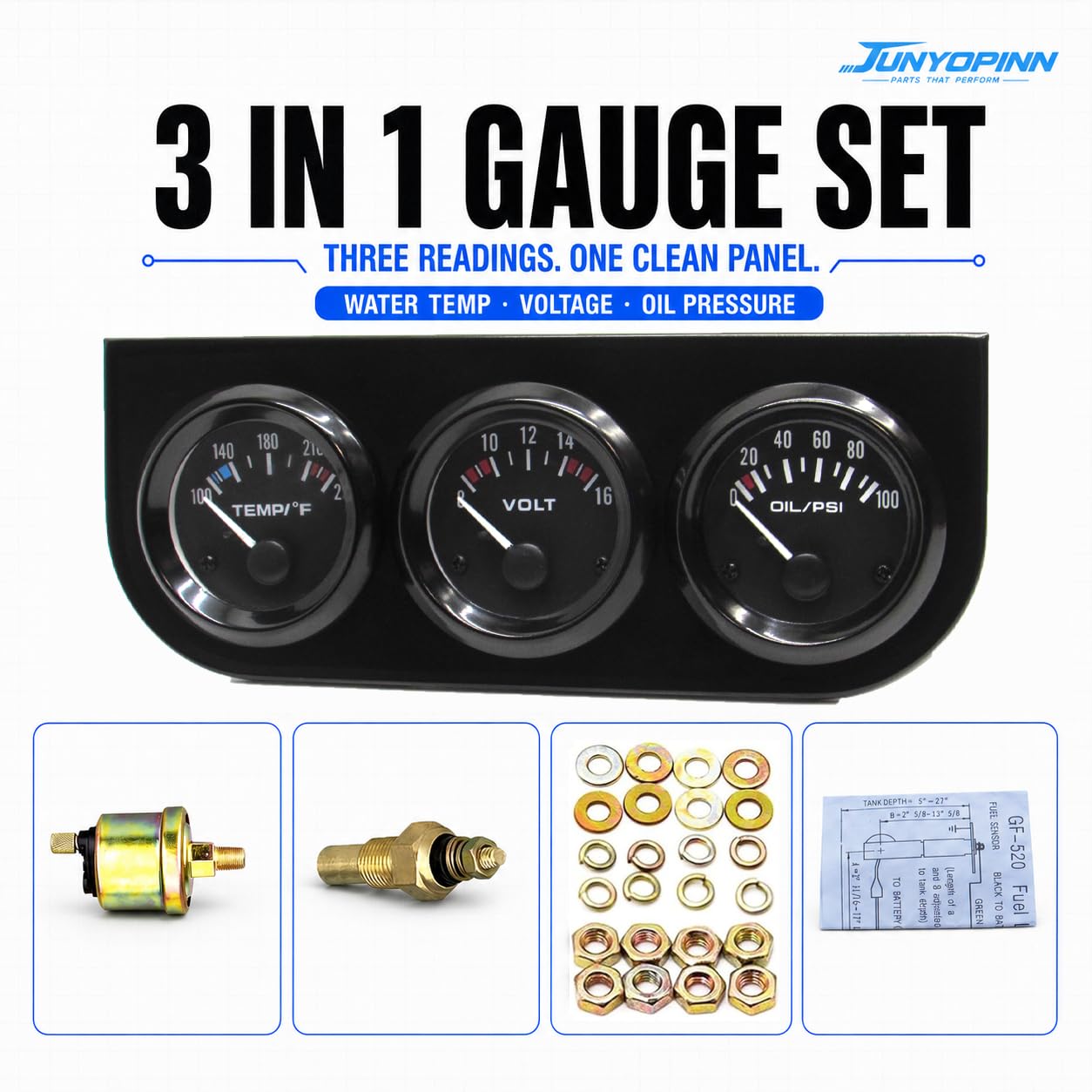 52mm Triple Gauge Set （Oil Pressure+Water Temp+Voltmeter） 3 in 1 Gauge Kit