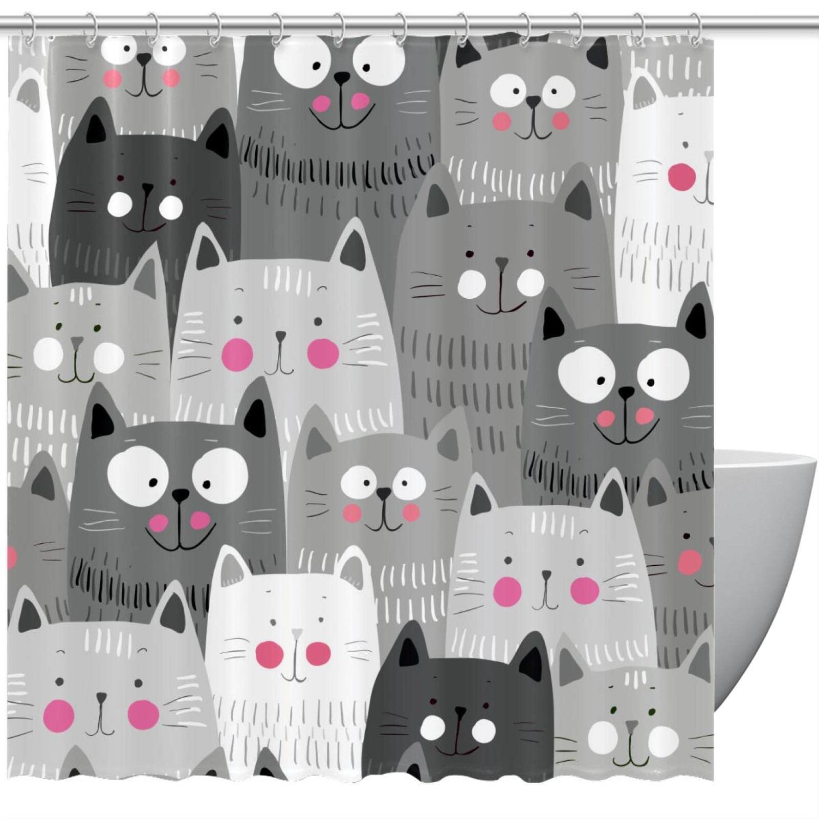 Rideau de douche gris lavable 152x184 avec 12 crochets motif animal rigolo
