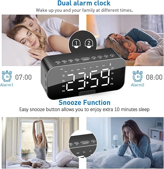 Alarm Clocks Bedside, Alarm Clock Radio with Bluetooth Speakers, Digital Alarm Clock for Bedroom, Portable Mirror Alarm with Dual Alarm, Snooze, LED Display, 3 Level Adjustable Dimmable, USB Charging