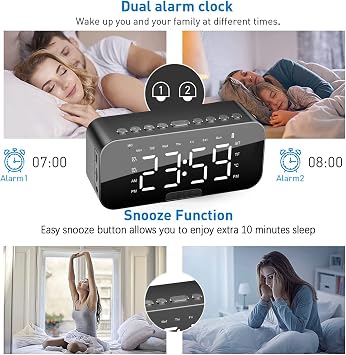 Alarm Clocks Bedside, Alarm Clock Radio with Bluetooth Speakers, Digital Alarm Clock for Bedroom, Portable Mirror Alarm with Dual Alarm, Snooze, LED Display, 3 Level Adjustable Dimmable, USB Charging