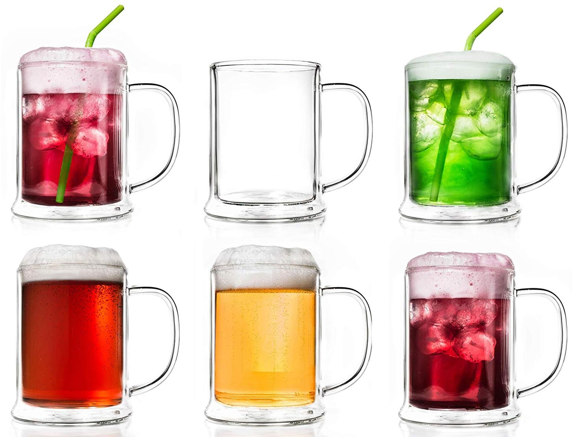 Creano Vasos de Cerveza Térmicos de Doble Pared de Vidrio de Borosilicato Aislantes 500ml Efecto Flotante – Juego de 6 Vasos