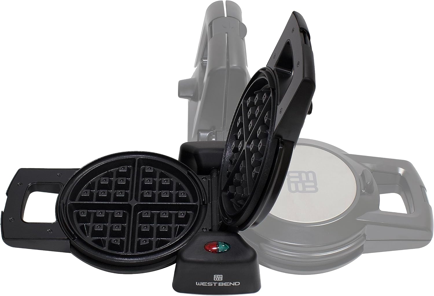 West Bend Belgian Waffle Maker, Makes 7-Inch Waffles, 180-Degree Flip with PTFE-Free Non-Stick Plates, Vertical Storage and Non-Skid Rubber Feet, 1000-Watts, Black