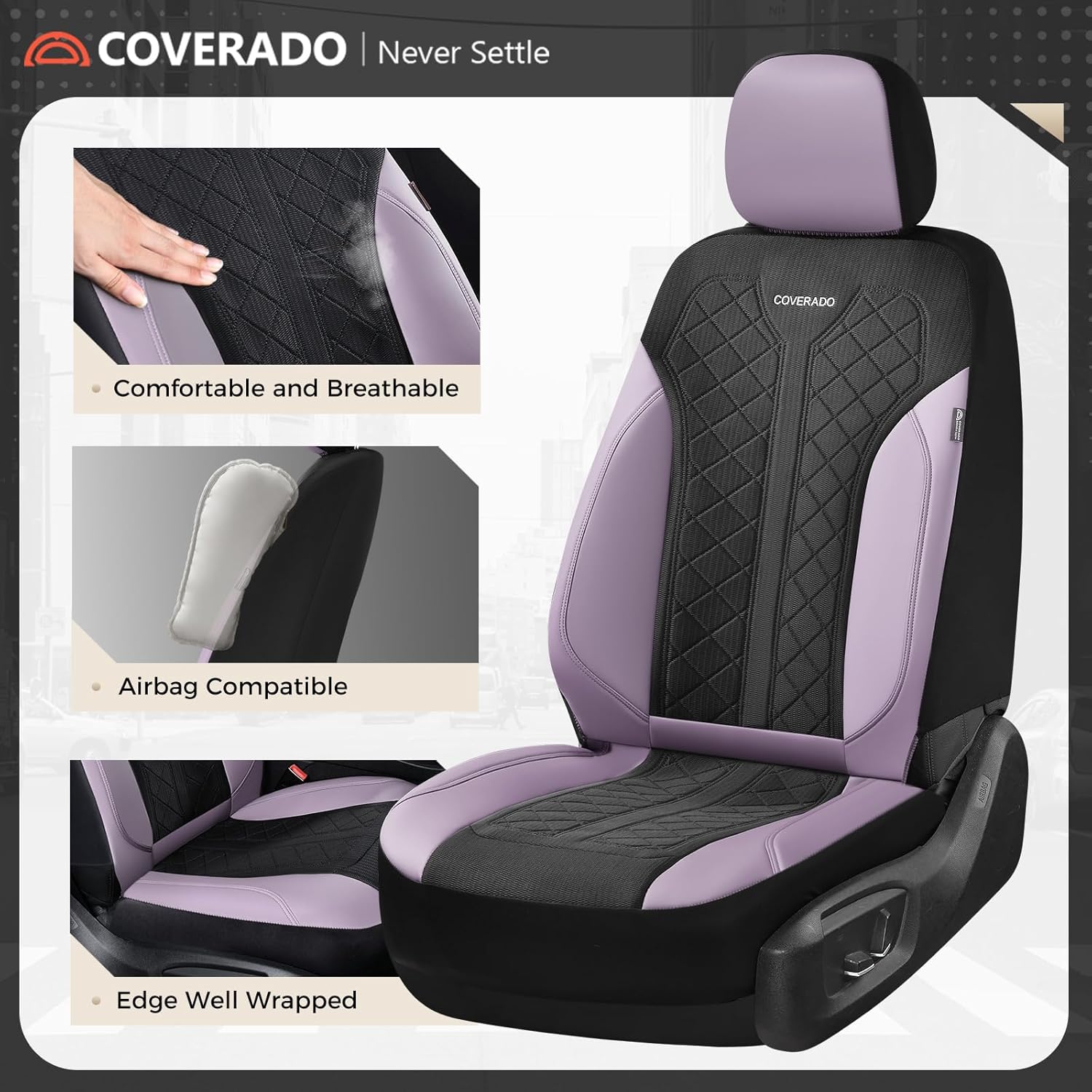 Coverado Seat Covers for Car 5 Seats, Leather Car Seat Covers Fullset, Breathable Mesh Front and Rear Protectors, Purple Luxury Automotive Covers, Universal Fit for SUV, Truck, Sedan