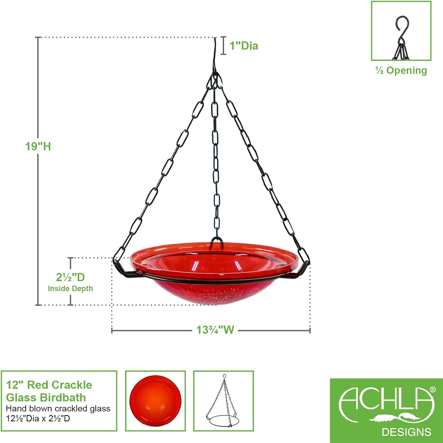 Achla Designs 201-6023 Crackle Glass Hanging, 12-in, Red Birdbath