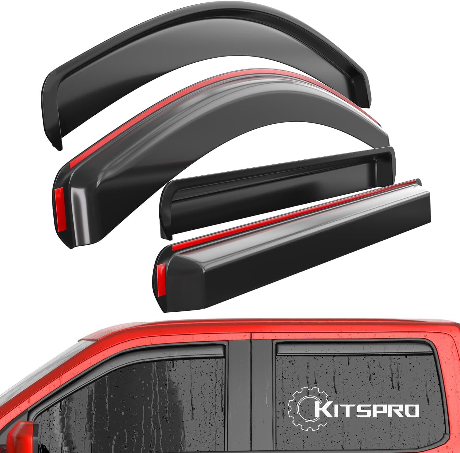 KitsPro in-Channel Side Window Rain Guards for 2017-2026 Ford F-250 F-350 Super Duty, 2015-2020 Ford F-150, Gloss Black Window Deflectors Vent Visors, Set of 4 (ONLY FIT SuperCrew Crew Cab).