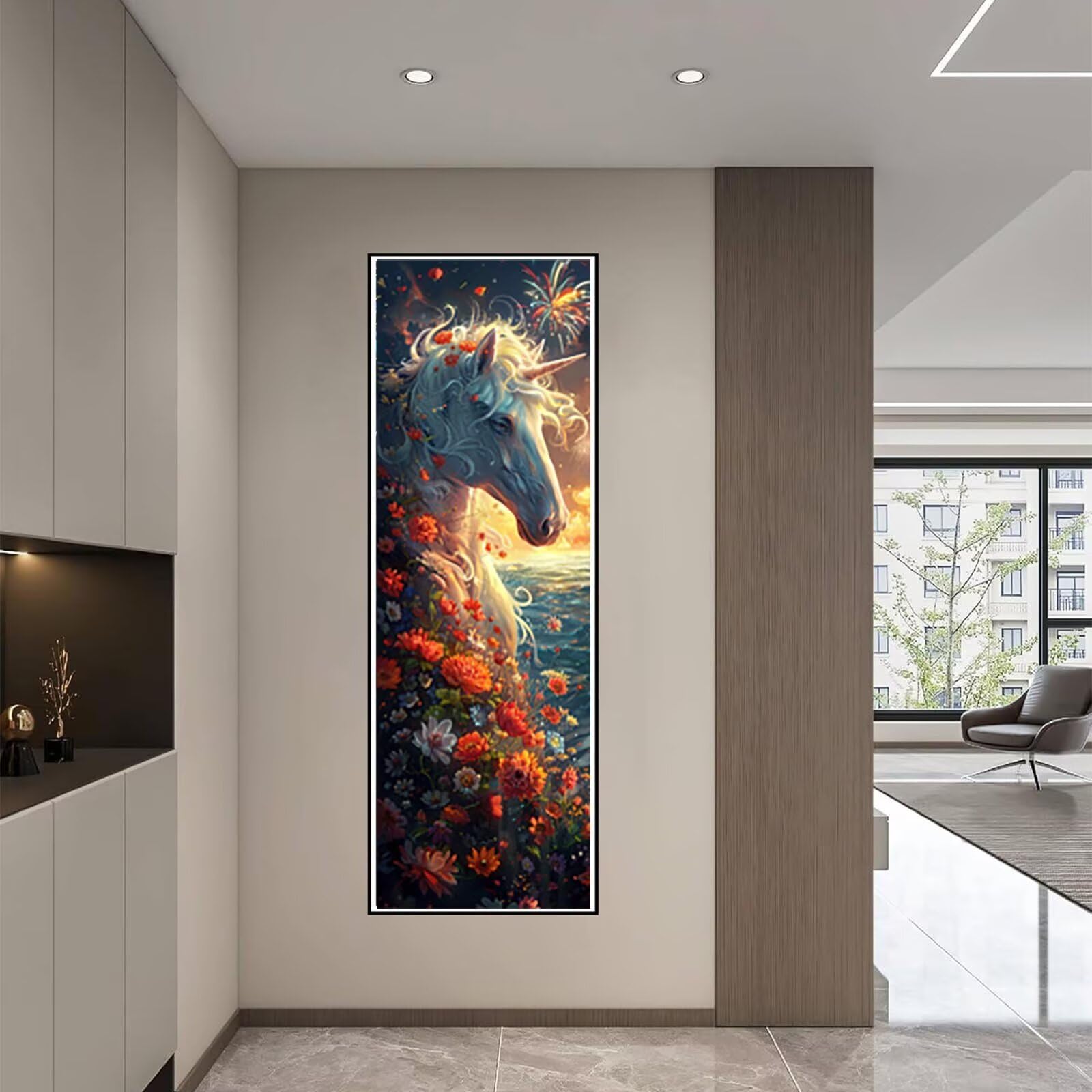 Diamond Painting Licorne Peinture Diamant Adulte, Peinture Diamant Fleur Conception de Motifs 5D DIY Strass Point de Croix Cristal Painting Loisirs Créatifs, Decoration Murale 50x150cm -pg25046C
