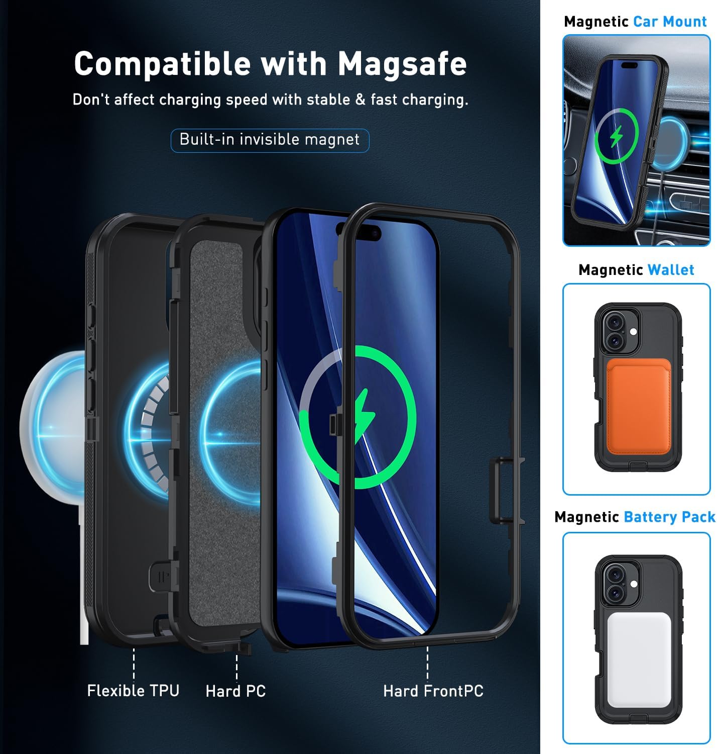Magnetic for iPhone 13 Pro Case,with Belt Clip,[Compatible with Magsafe] W/Tempered Glass Screen Protector,Anti-Drop,Shockproof,Heavy Duty Protection (Black) - Image 3