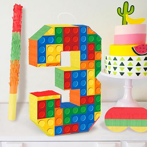 Miniatura 7 de Decoraciones de fiesta de cumpleaños de bloques de construcción para el tercer cumpleaños Número 3 Piñata con palo de piñata y venda para los ojos