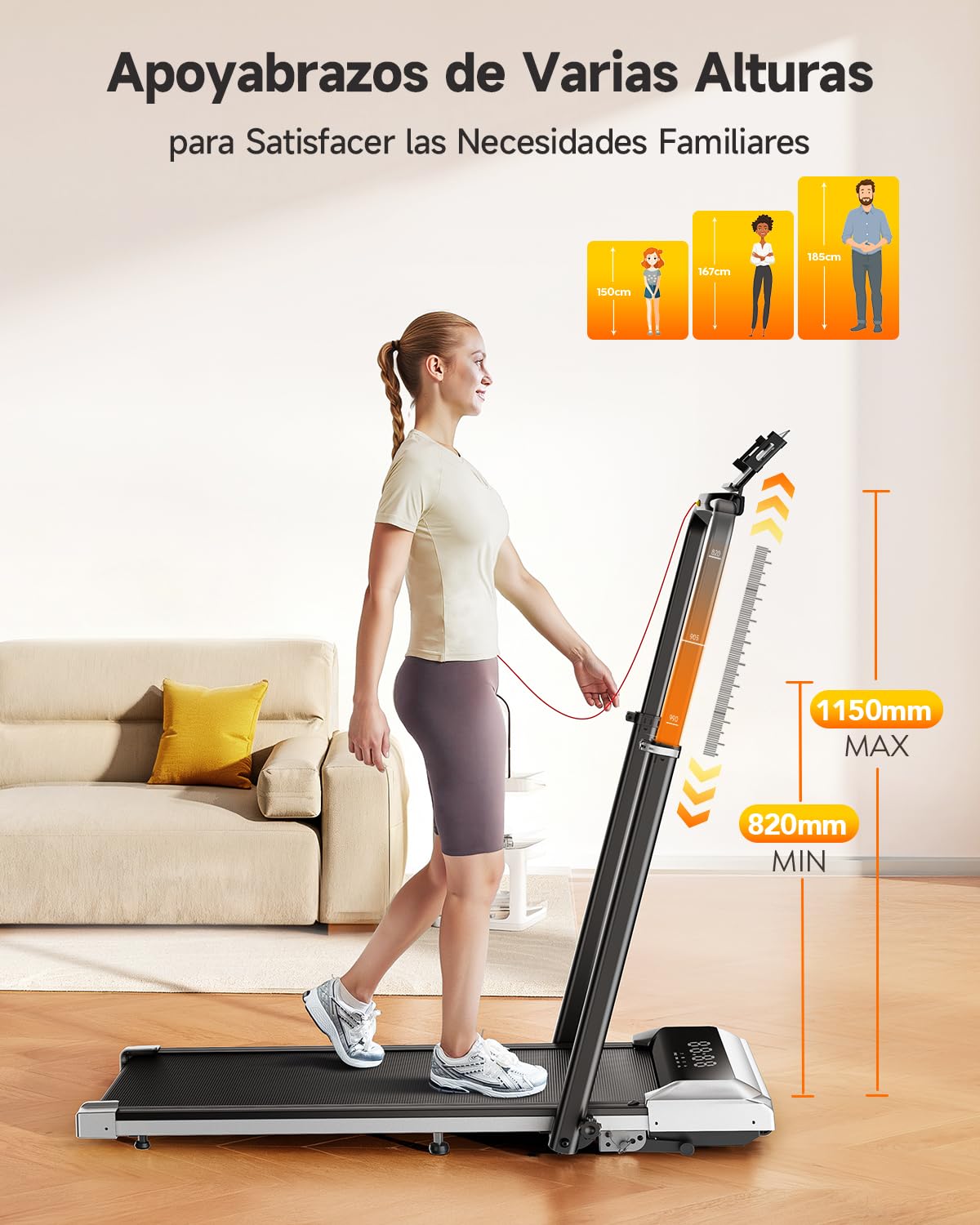 6 en 1 Cinta de Correr Plegable, 12% Inclinación Cinta de Correr, 12KM/H Cinta de Andar para Hogar/Oficina, 115 CM Pasamanos Telescópicos (95°&105° Ajustables), Remoto Silencioso, Pantalla LED, App