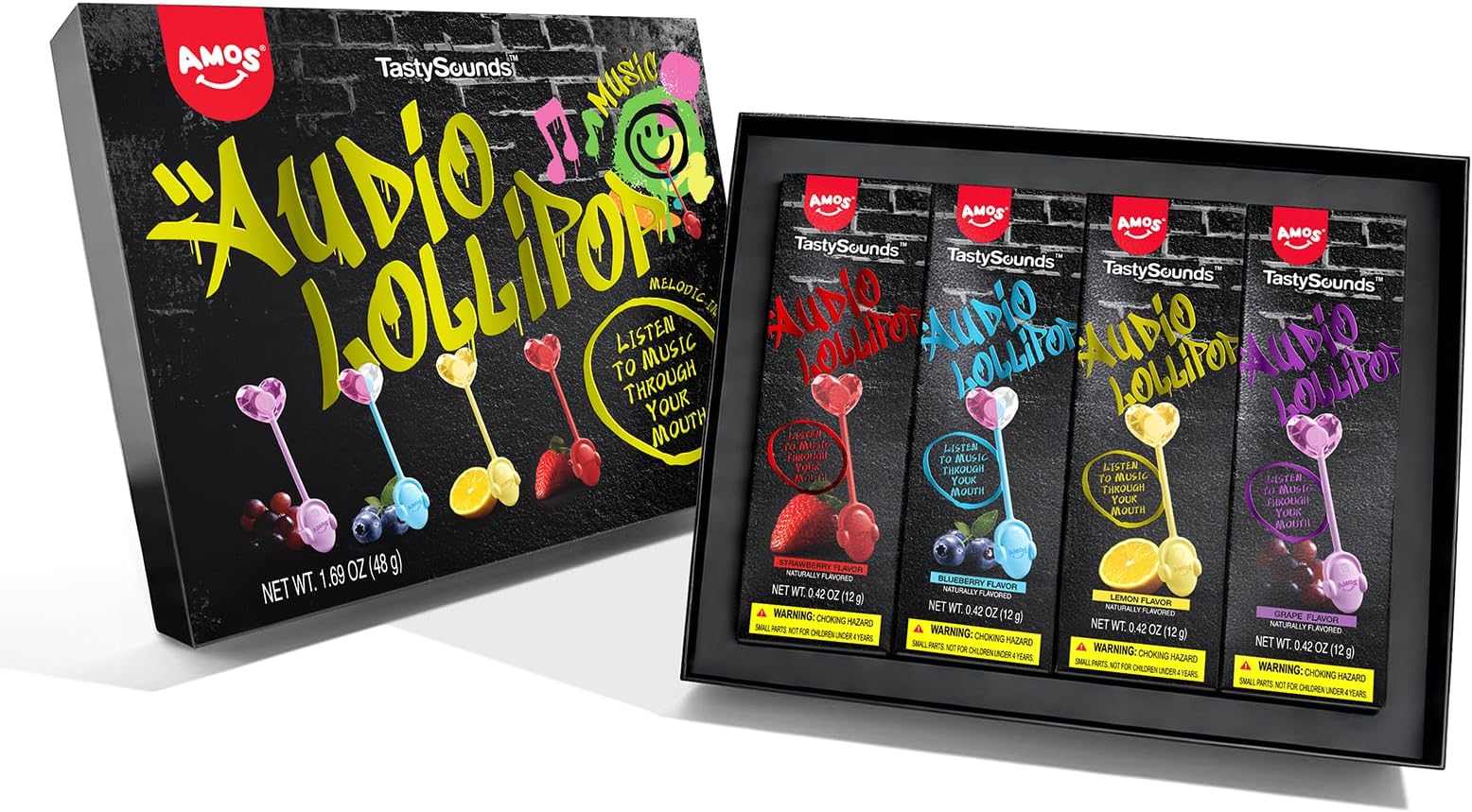 Music Lollipop Candy Suckers – TastySounds Audio Hip Hop Singing Lollipop, Assorted Fruit Flavors, Sugar-Free, Low-Calorie Snack, 4-Pack Gift Box