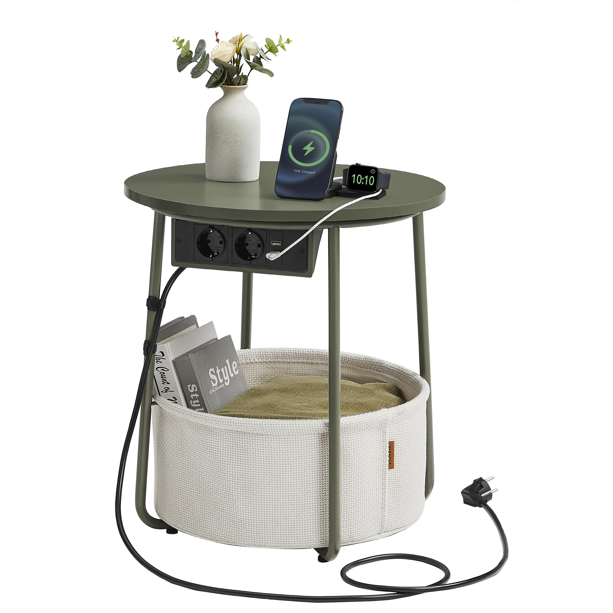 VASAGLE Beistelltisch rund, Kleiner Tisch, Couchtisch mit Steckdose, Wohnzimmertisch, Korb aus Stoff, Stauraum für Wohnzimmer Schlafzimmer, Nachttisch modern, waldgrün-cremeweiß LET228C05