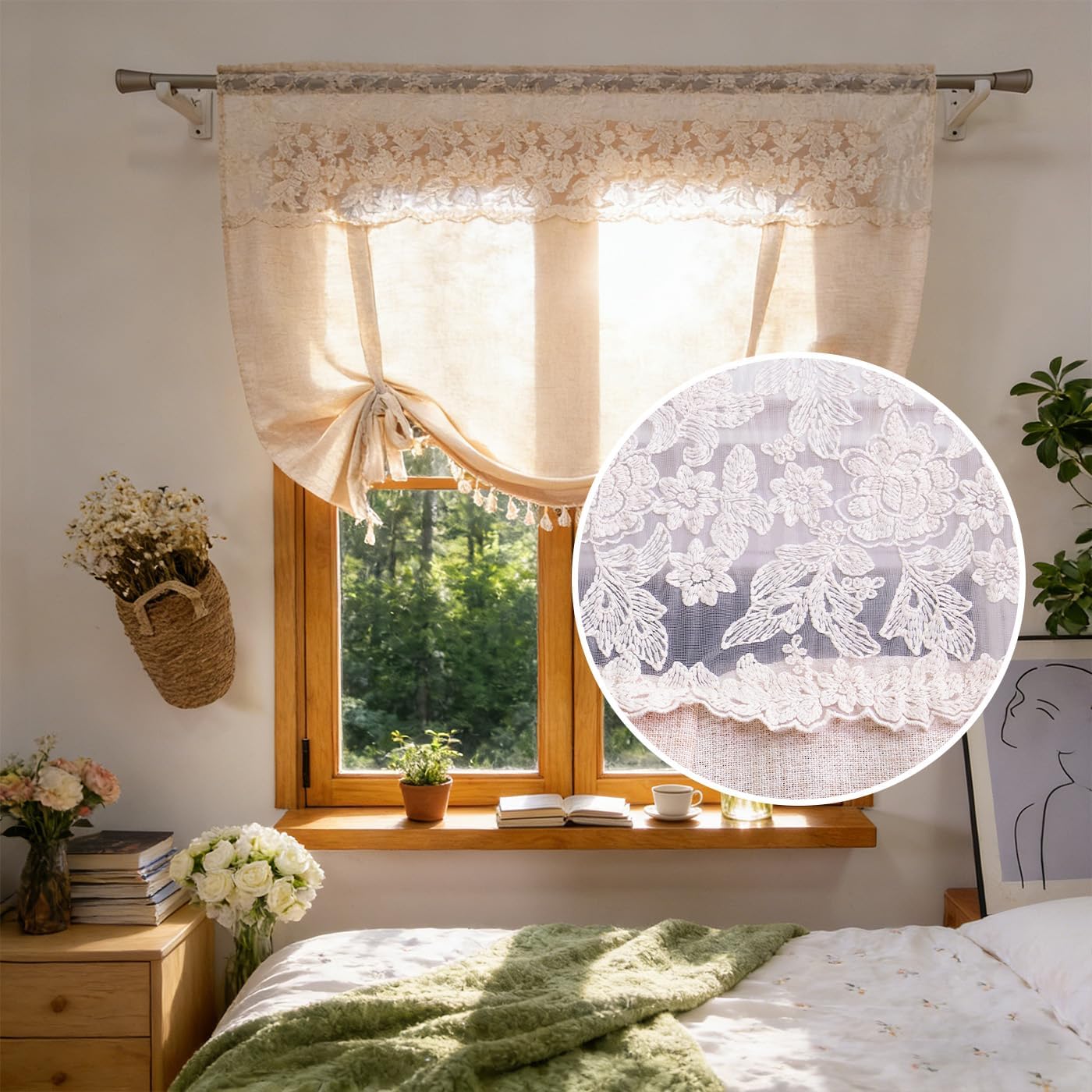 Boho Tassel Floral Lace Tie Up Curtains Rustic Farmhouse Balloon Shades Beige Valance Light Filtering Adjustable Rod Pocket for Small Window Kitchen Bathroom W42 X L63 Inches 1 Panel