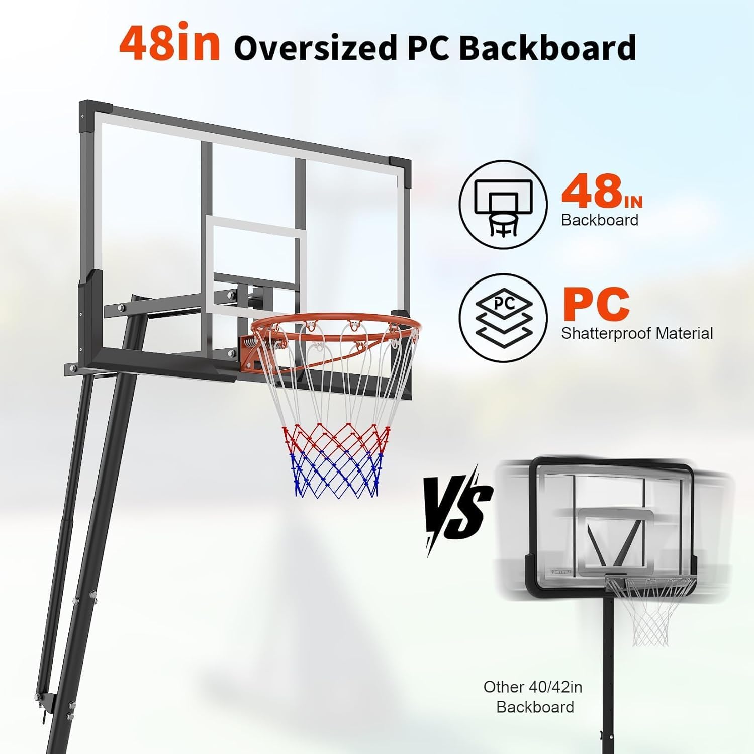 Basketball Hoop Outdoor Portable, 48 Inch Shatterproof PC Backboard, 4.9-10FT Height Adjustable Basketball Hoop Goal System, Mobile Stand with Wheels & Weighted Base for Driveway Backyard Pool Play