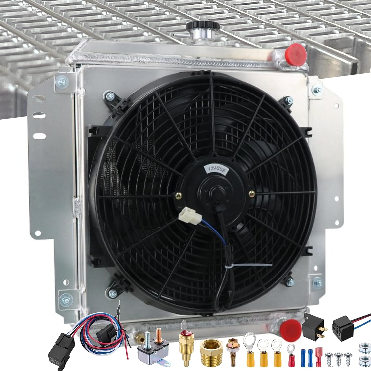 Radiator for 1985-1995 Suzuki Samurai Sierra Jimny Hardtop SJ410 SJ413 1.3L L4 Gas, 2 Row Full Aluminium Radiator + 14 Inch Fan + Shroud + Thermostat Relay Kit