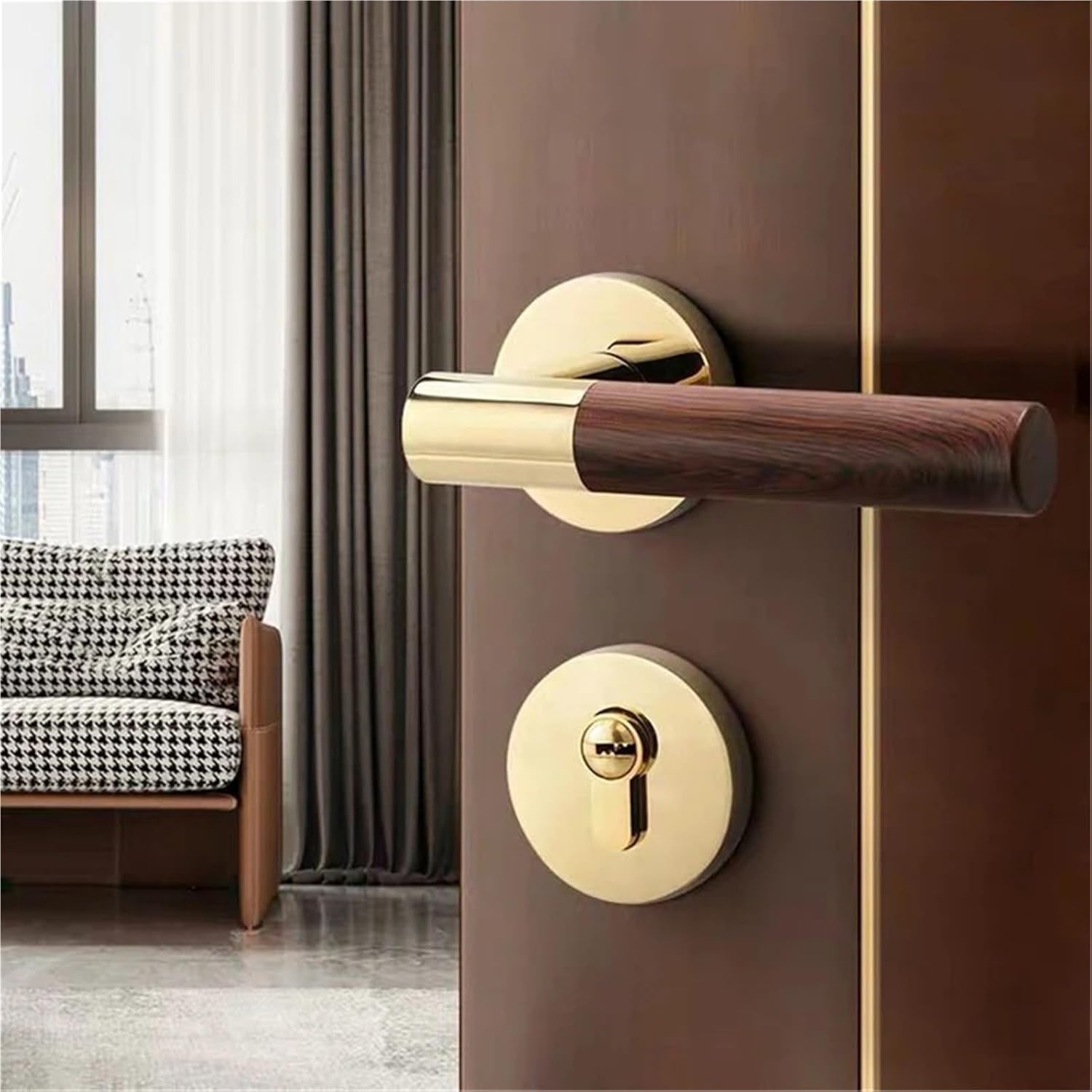 Zinc Alloy Bedroom Interior Split Door Lock Aluminium Alloy Imitation Wood Grain Handle Mute Mechanical Lock 1Pcs(Gold Wood Grain)