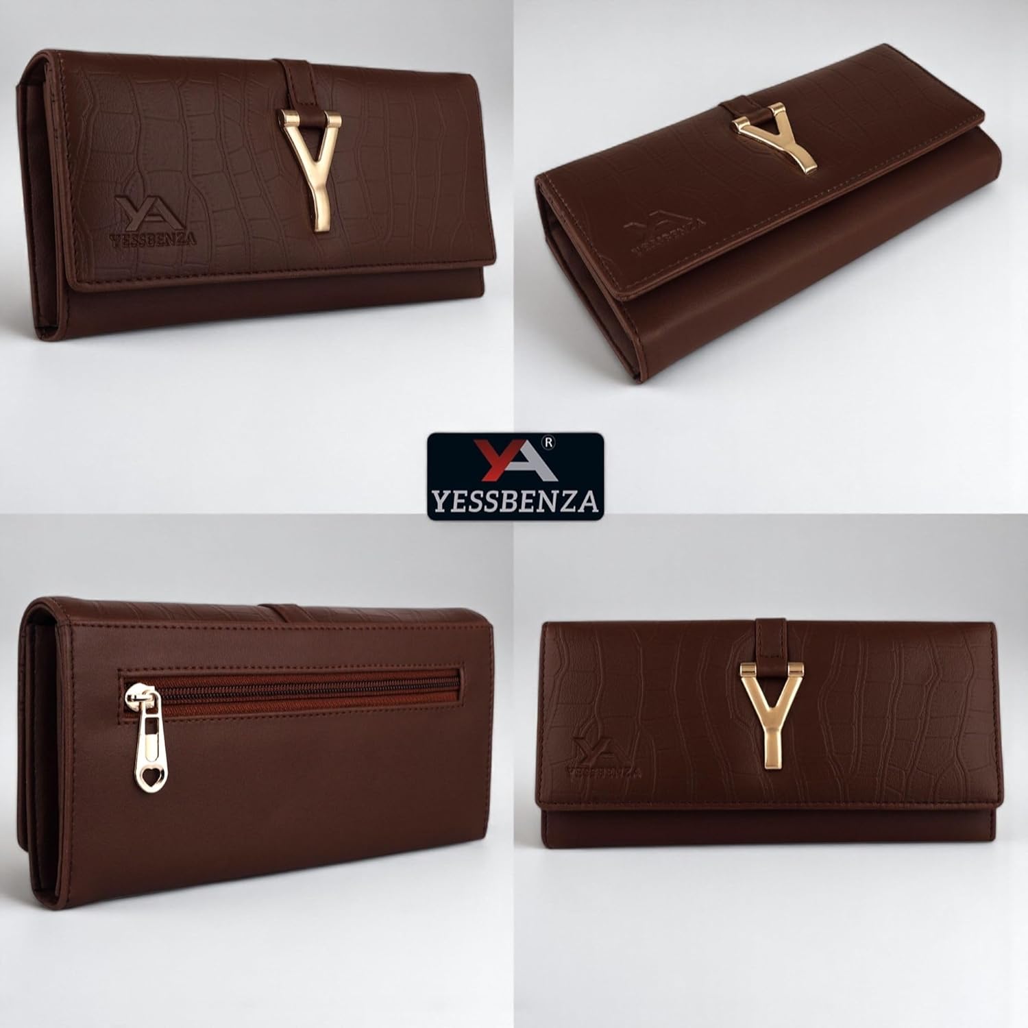 Women's Croco Faux Leather Tow Fold Casual Latest Hand Clutch Wallet Purse with Phone Pocket 6 Cards Slot, Clay Brown, 8.5, Casual