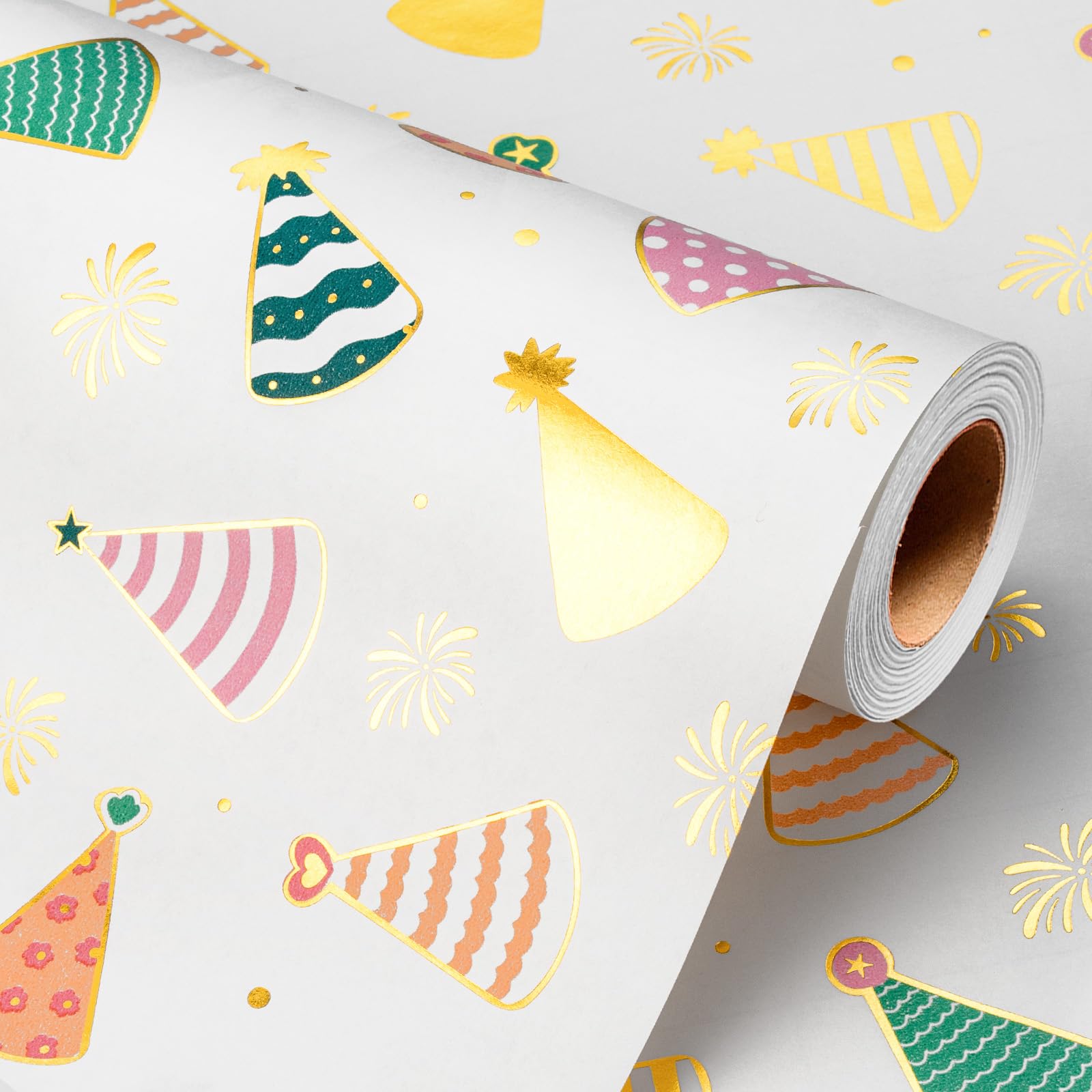 Wikadlik Colorful Birthday Hat Wrapping Paper, 43cm x 10m Gold Foil Party Hat Design Gift Wrap Paper Roll for Birthday Party Celebration