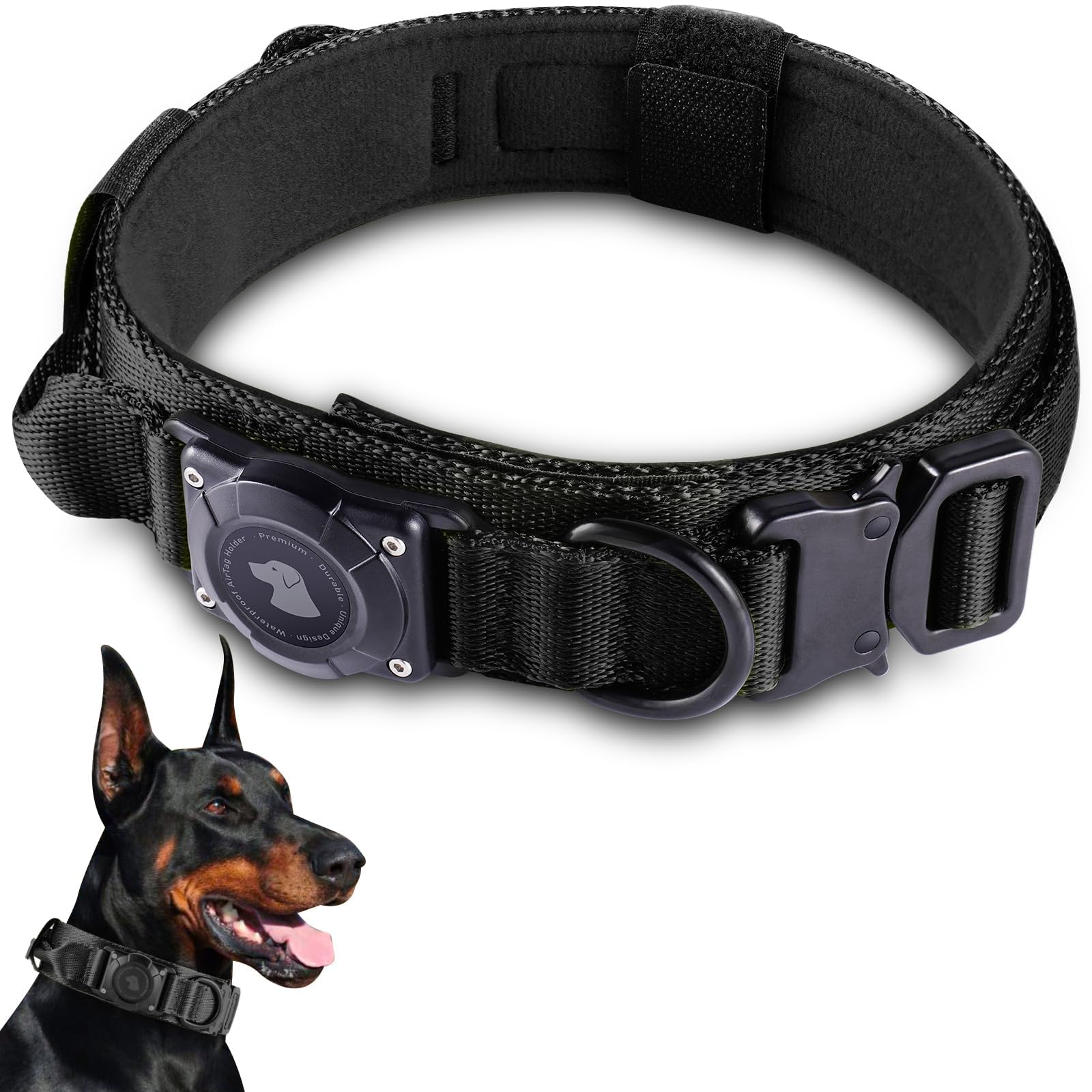 JIARUI Tactical Dog Collar with Handle, Waterproof Airtag Dog Collar, Thick Adjustable Dog Collar with Padded, Metal Buckle for Medium Large Dogs (Black, L (16.5 - 20.5 inches))