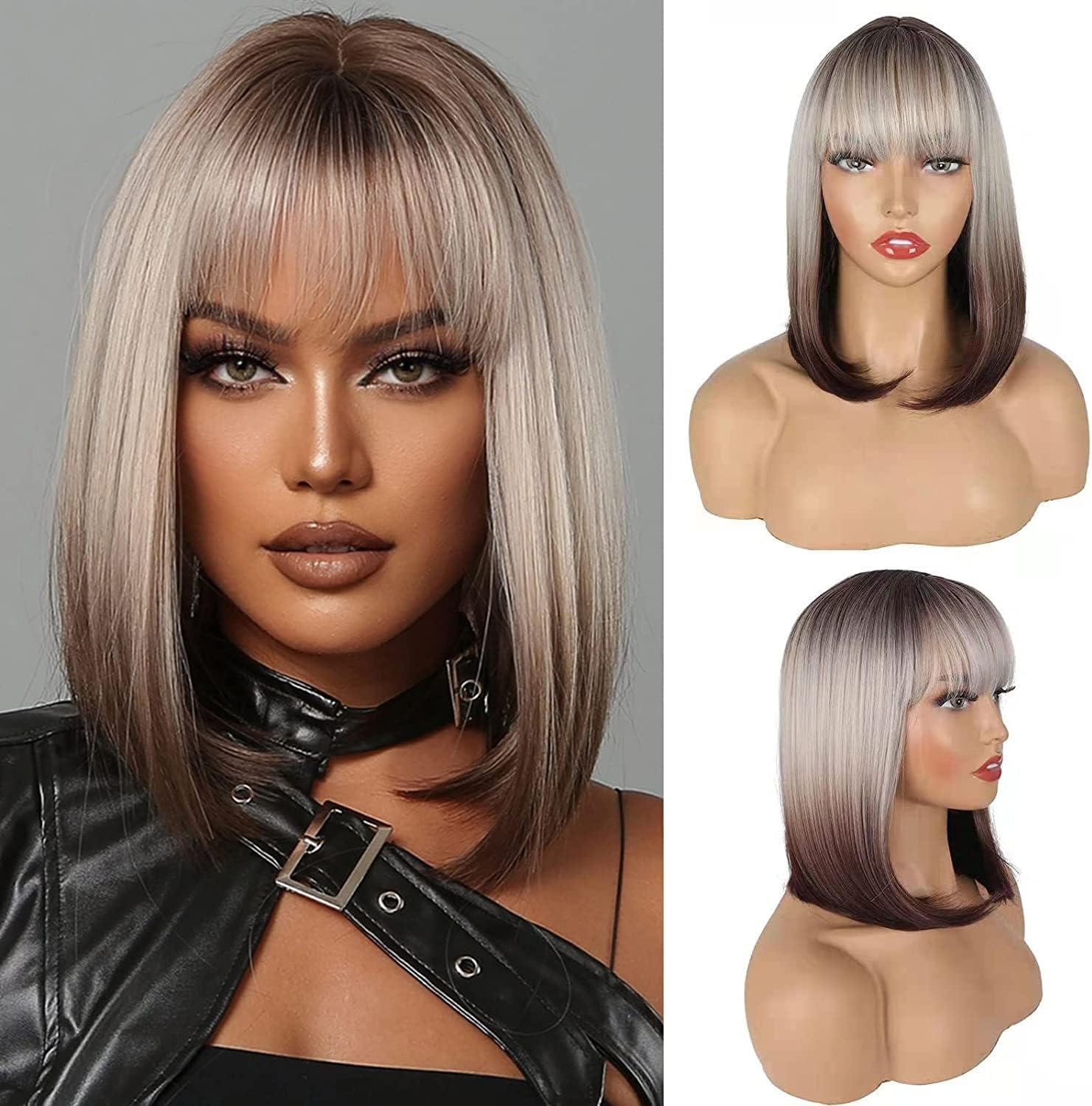 Jolelyne Bob Wig With Bangs for Women Short Straight Ombre Gray Bob Wig