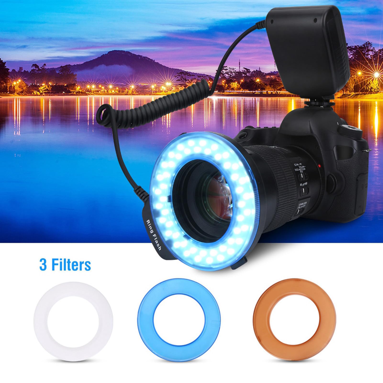 Flash Annulaire Portable 48 LED avec 8 Adaptateurs D'objectif Et 3 Couleurs De Softbox Idéal pour La Photographie Macro Et La Vidéo sur Appareils Photo Fuji Réglable en 7 Niveaux De Luminosité Et 3 M
