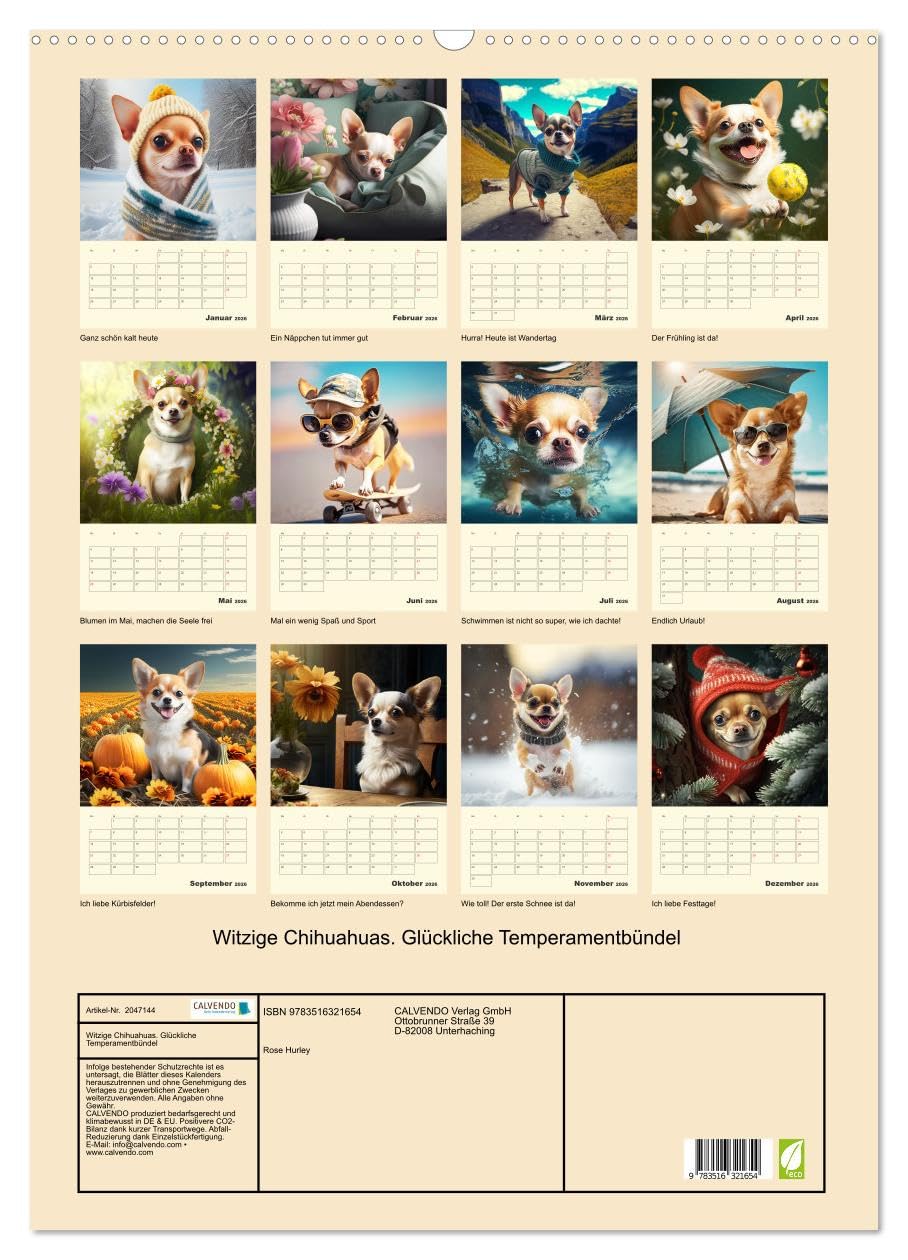 Witzige Chihuahuas. Glückliche Temperamentbündel (Wandkalender 2026 DIN A2 hoch), CALVENDO Monatskalender: Klitzekleine Hunde mit Köpfchen und großem Charakter (CALVENDO Tiere)