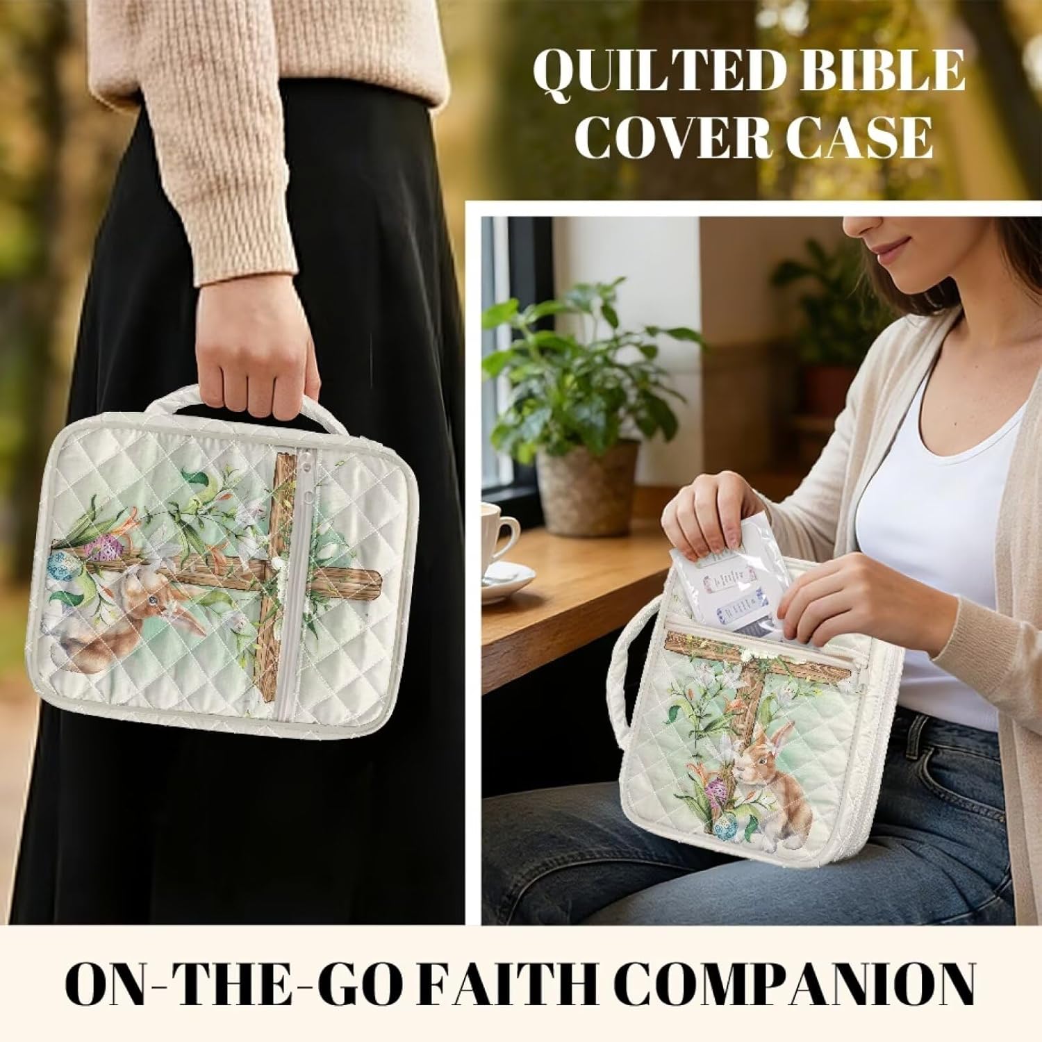 Lily Flower Bunny Cross Bible Cover Case for Women Large Quilted Carrying Case with Handle, Laminated Bible Book Tabs and Magnetic Bookmark