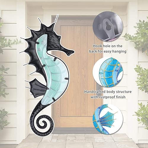 Miniatura 5 de VCUTEKA Decoración de pared de caballito de mar de metal para exteriores, escultura de pared de caballito de mar, escultura de vidrio para