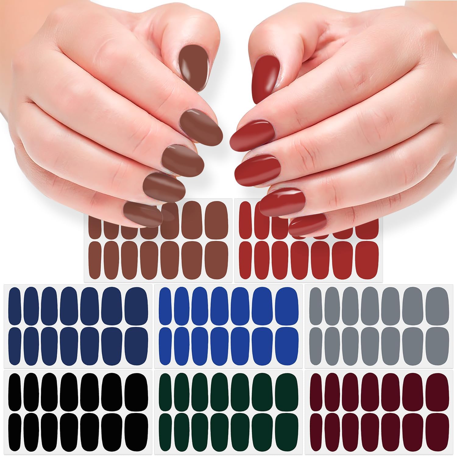 112pcs/8 Sheets Nail Polish Strips, Nail Stickers Full Nail Wraps, UV Free | Self Adhesive Gel Nail Strips, Sticker Nails for Women with 1 Nail File, 1 Wooden Stick - Dark Solid Color