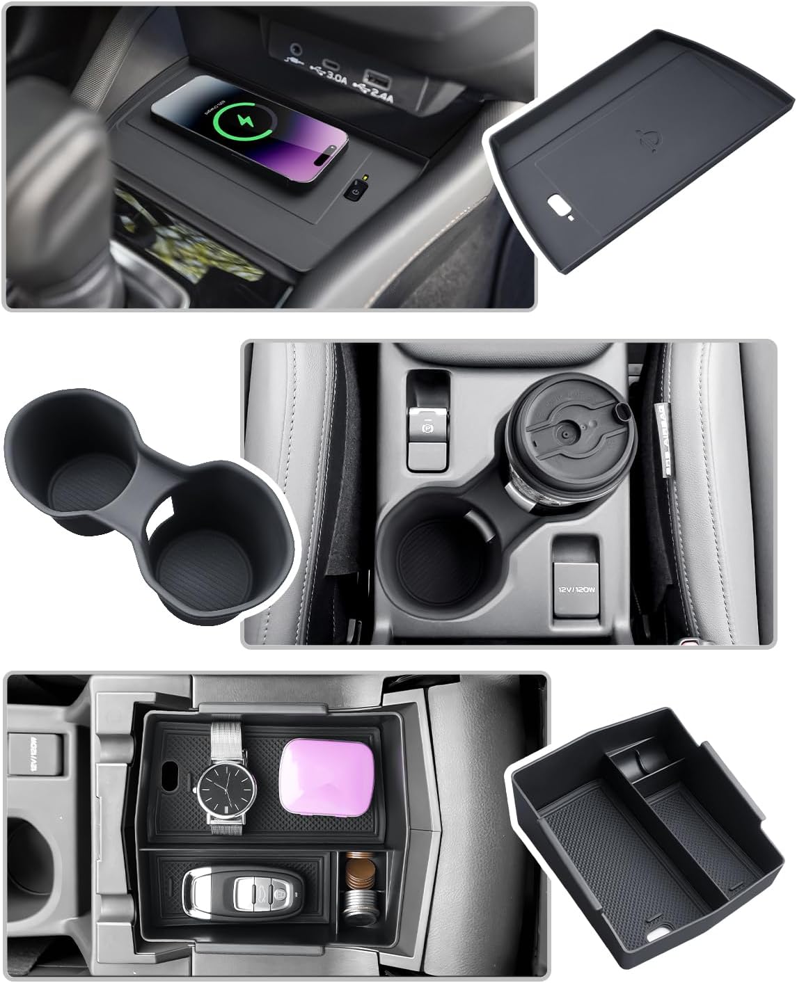 CDEFG 3PCS for 2025 Subaru Forester Center Console Organizer Tray, Forester 2025 Accessories Middle Console Cup Holder Wireless Charging Pad Storage Box(NOT for 2025 Wilderness)