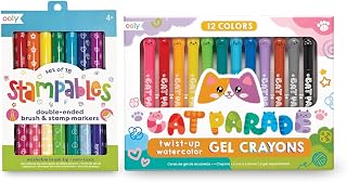 Ooly 18 Double-Sided Stamping Markers- Brush Tip plus Stamp & Cat Parade Gel Crayons for Kids and Adults - Set of 12 Rainbow Color Crayons for Glass and Paper Surfaces with Cat-Shaped, Twist-Up Caps