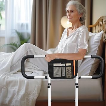 AOHHL Bed Rails for Elderly Adults Safety with Adjustable Heights Storage Pocket Assist Support Side Railings for Seniors Citizens Slides Under Mattressbed Cane Bed Guard Bed White