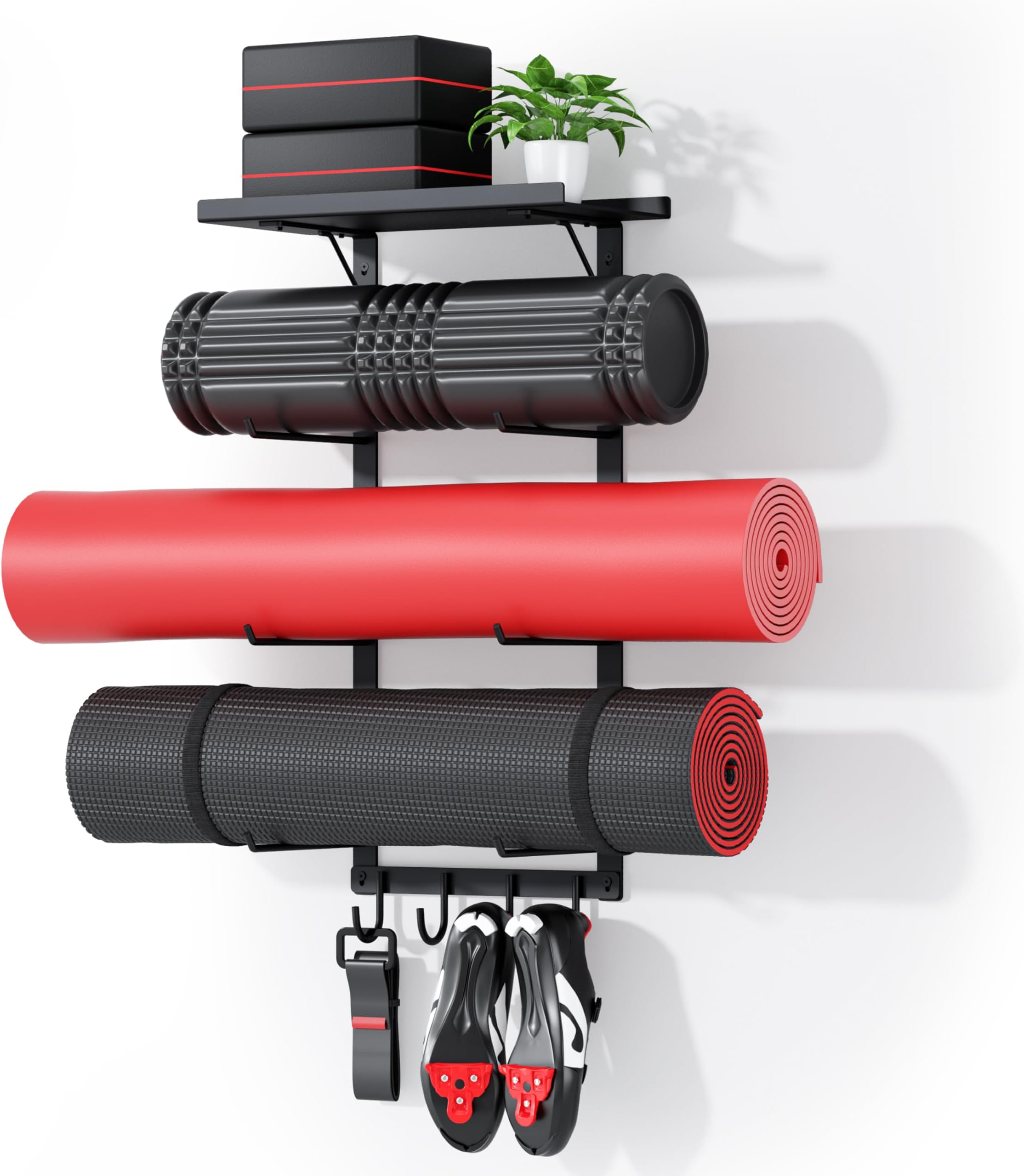 Yoga Mat Holder Wall Mount, Yoga Accessory Mat Storage Rack, Home Gym Accessories Organizer, Floating Shelf and Hooks for Hanging Foam Roller/Band/Workout Equipment at Pilates Fitness Class