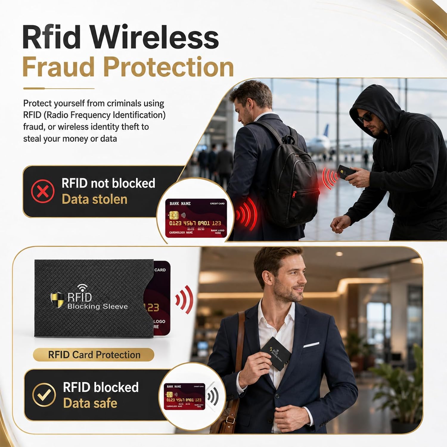 8PCS RFID Blocking Sleeves, Black Credit Card Protector Holders Identity Theft Protection Secure Sleeves for Men Women Credit Debit ID Cards, Slim Design Fits Wallet Purse