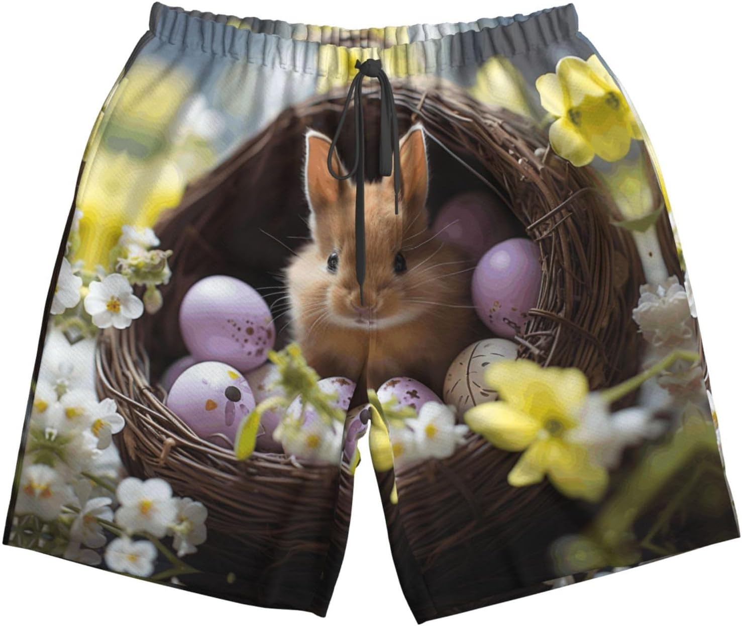 Easter Bunny Eggs Spring Flower Rabbit Print Mens Casual Shorts Drawstring Summer Beach Stretch Shorts Novelty Swimtrunks