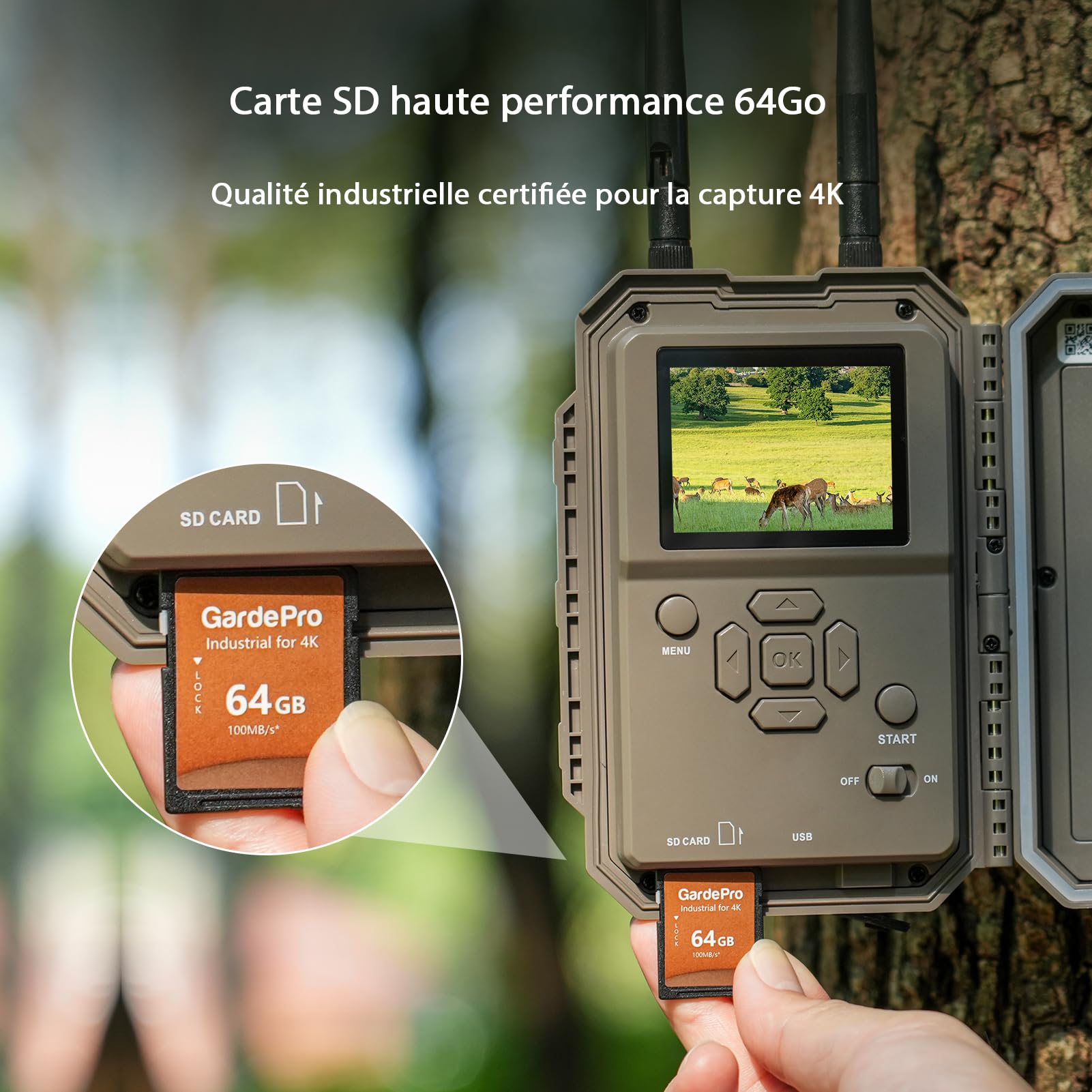 GardePro E8 2.0 Caméra De Chasse Double Antenne WiFi avec Carte SD 64Go, Vidéo 4K H.264 64MP, Jusqu' 30m No Glow Infrarouge Vision Nocturne, Vitesse de Dclenchement 0,1s et Angle de Dtection 120°