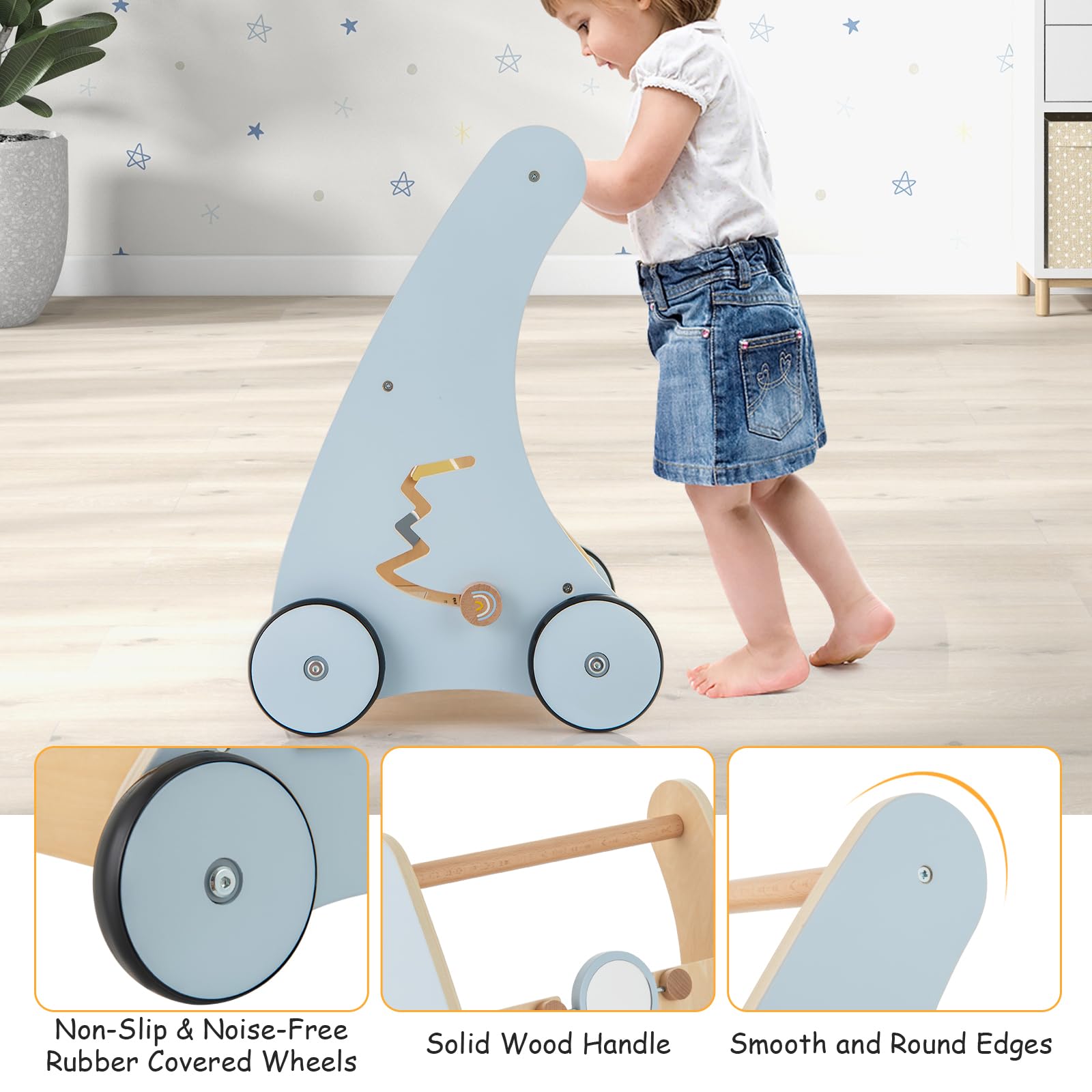 LIFEZEAL Girello Neonato in legno, Primi Passi per Bambini con Giocattoli Montessori, Carrello Primi Passi con Ruote, Gioco per Camminare, Carrellino con Banco da Lavoro per Bimbi da 3 Mesi (A)