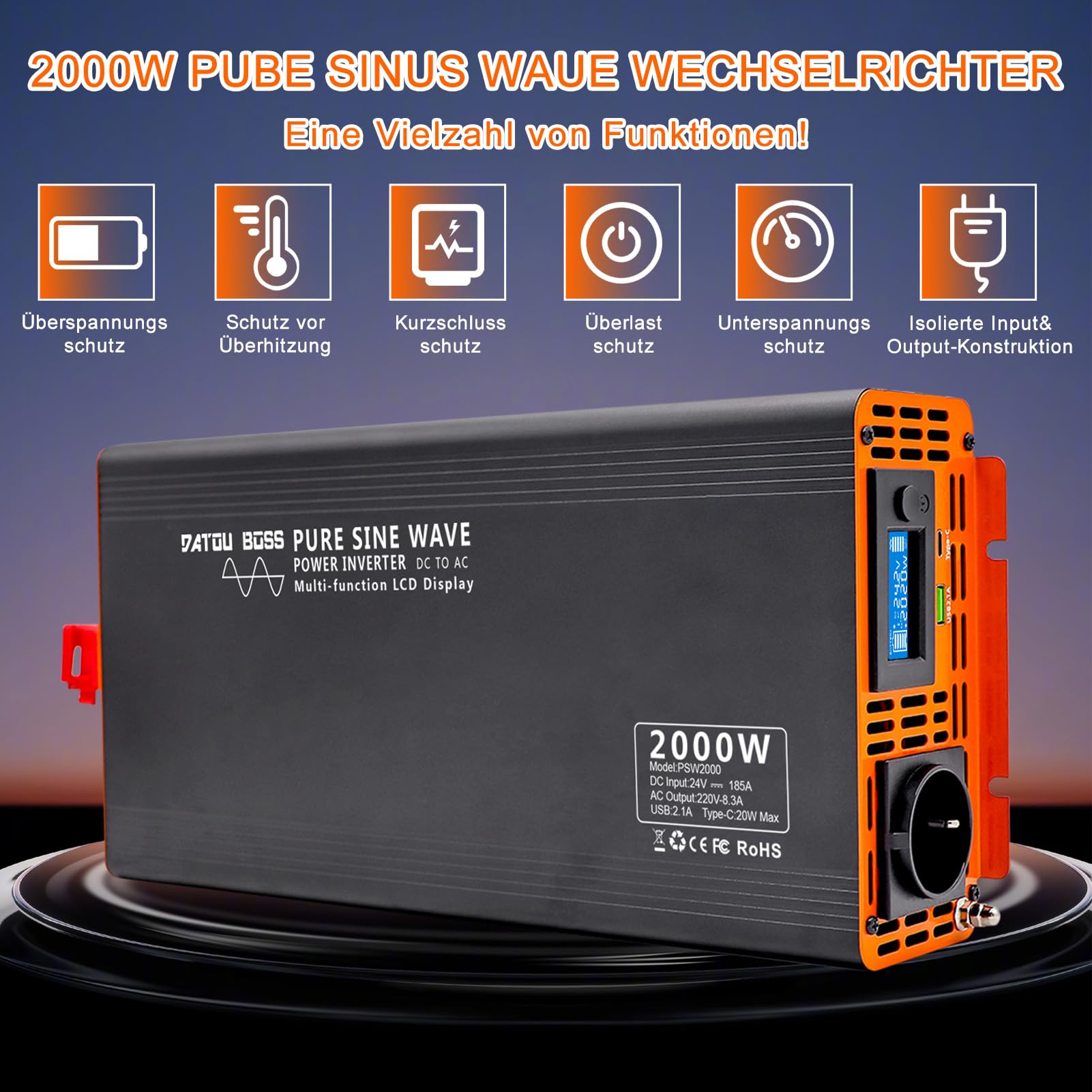 DATOUBOSS Wechselrichter 24V DC auf 230V AC Reiner Sinus 2000W/4000W, Spannungswandler 24V 230V LCD-Display und 1x USB + 1x Type-c Spannungswandler Reiner Sinus Inverter Pure Sine Wave
