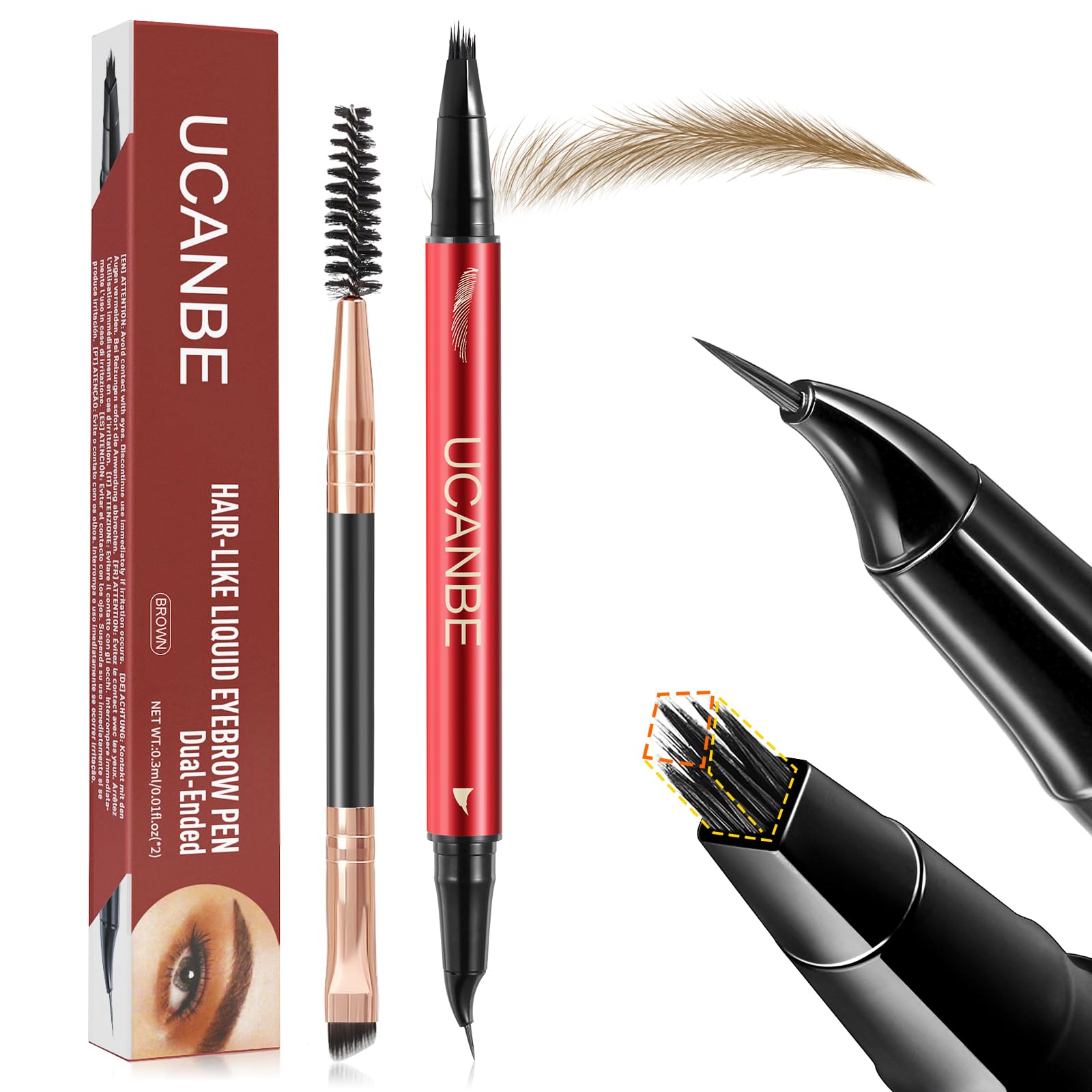 UCANBE Dual-Ended Faux Eyebrow Pencil for Women, Hair-Like, 02 Brown 02 Brown with Brush