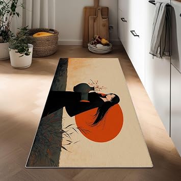 40 x 120 cm Hallway Washable Runner Rug, Girl Holding Flowers Plants Moon Soft Kitchen Laundry Non-Slip Runner - Ink Painting Style Rug Floor Mat Stain Resistant Carpet for Bedroom Bathroom