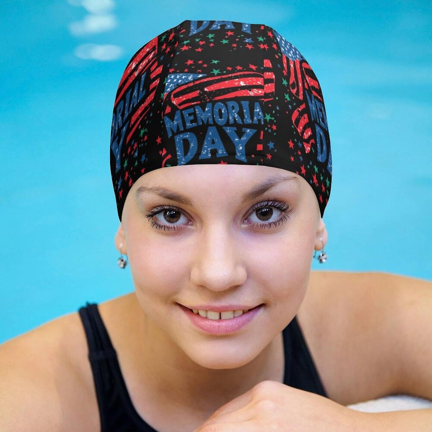 Memorial Day with U.S.A Flag Womens Swim Cap for Men Adult Swimming Hat Curly Short Medium Long Hair