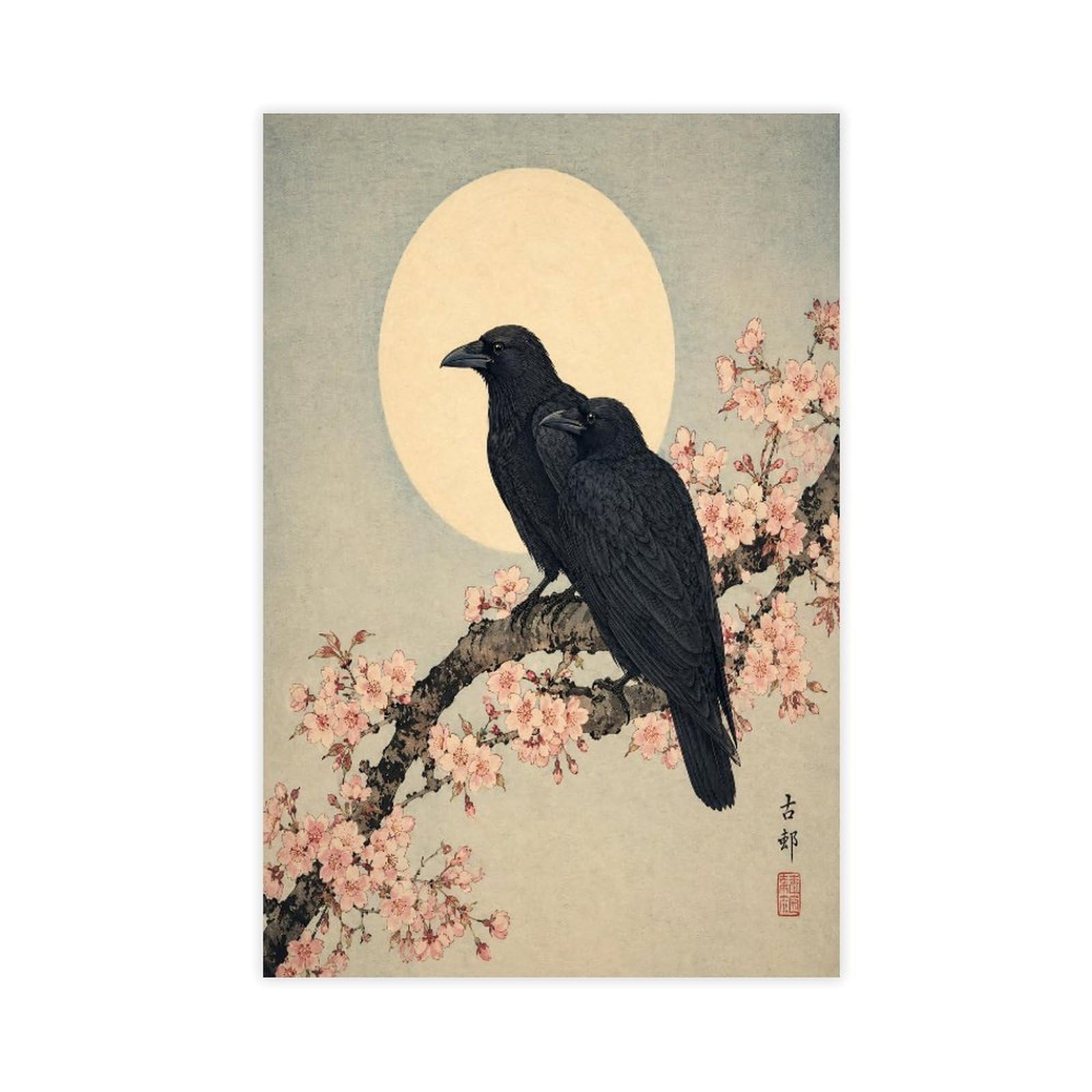 W7c8u2x3 Unframe-Style-15 Raven Silhouette Moon Canvas Wall Art, Japanese Woodblock