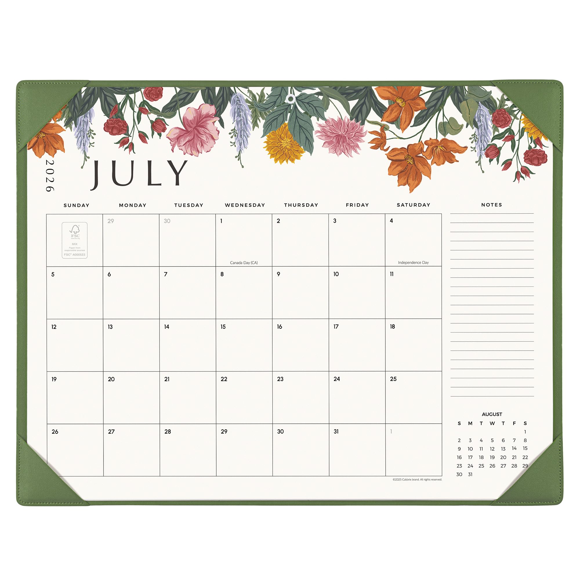 Cabbrix Calendrier de bureau 2026 avec sous-main - 55,9 x 43,2 cm - De juillet 2026 à décembre 2027 - Motif floral - Pour la maison, l'école et le bureau (vert)
