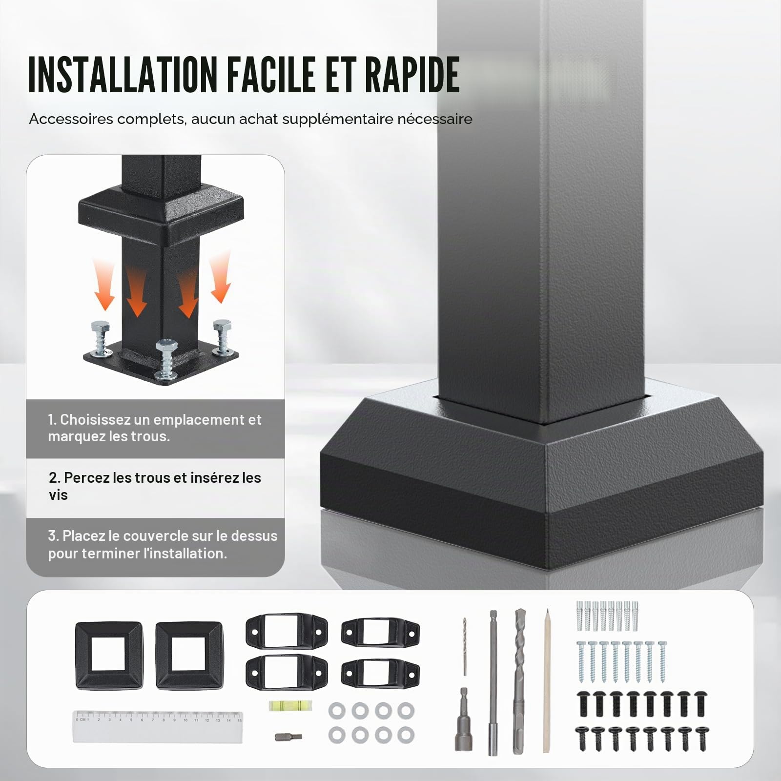 VEVOR Rampe d'escalier pour 5 marches extérieures, main courante escalier en acier au carbone, avec kit d'installation, pour personnes âgées, marches en béton, porche, terrasse, tube carré noir