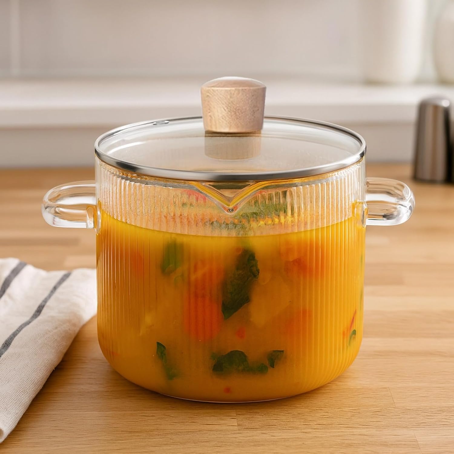 Boiling And Simmering Pot Set, 2 Pcs Glass Pots, Ribbed Design, Dual Handles, Ceramic Stove Safe, Pour Spout, Borosilicate Glass