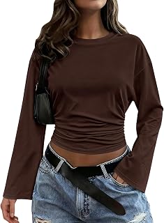 PRETTYGARDEN Womens Bell Long Sleeve Lightweight Cropped Tops | Classic Crewneck Ruched Waist Tee Shirts, Casual Fitted Cute Top, Soft Basic Layering, Y2k Fall Outfits, Fashion Clothing