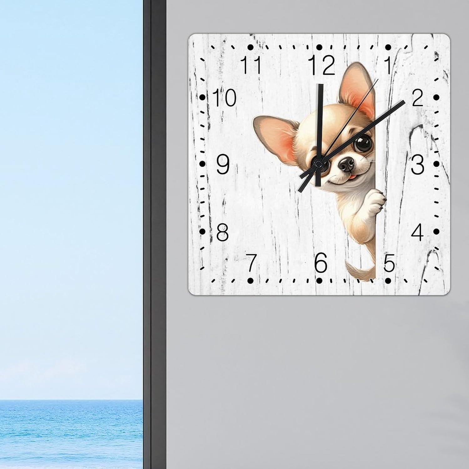 Clock Chihuahua Wall Clock Chihuahua Dog Peeking ASquare Corner Wooden Wall Clocks Non-Ticking Battery Operated Square Clock Gift for Dog Owner Clocks for Living Room 15x15in