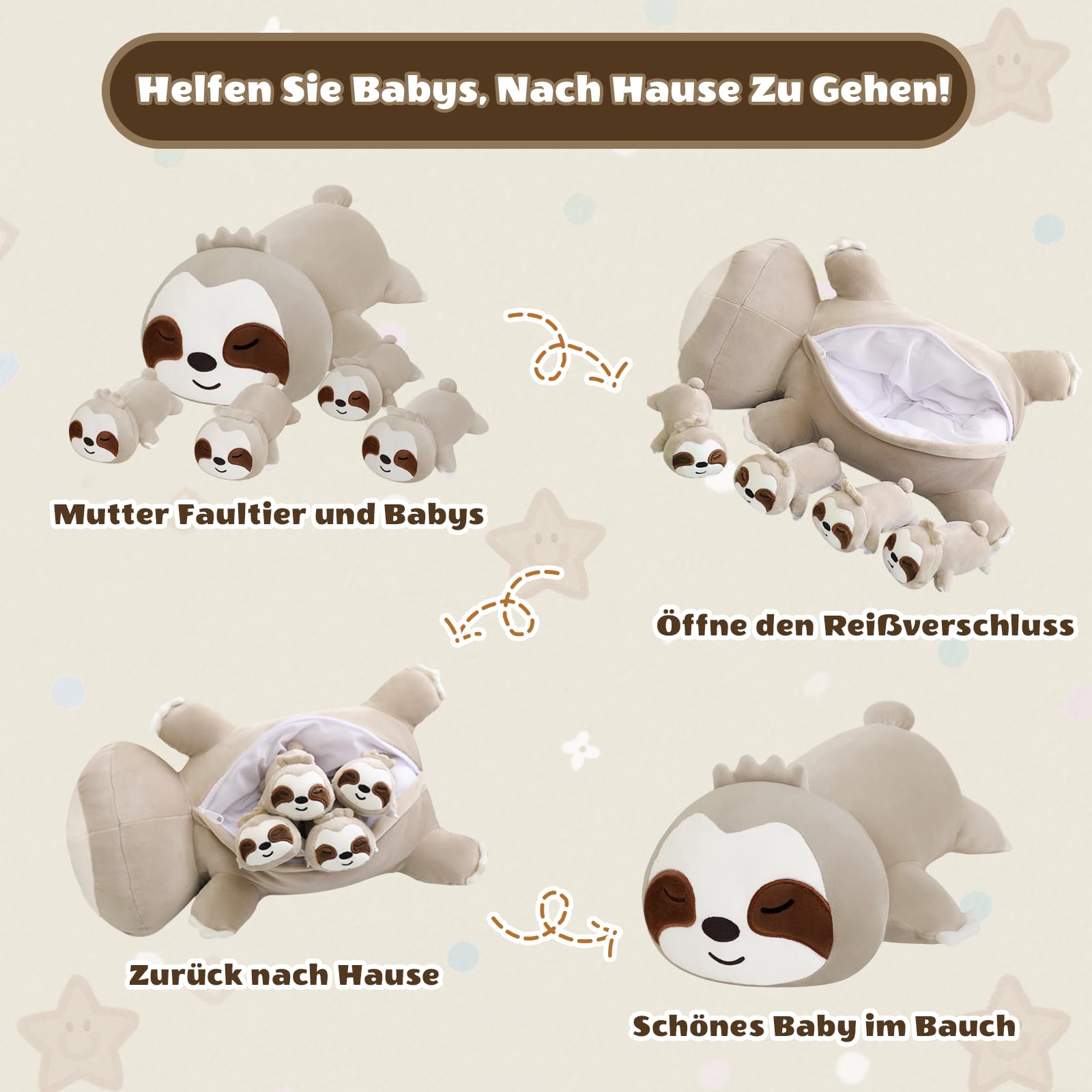 SQEQE Sloth Plushies Stuffed Animals with 4 Babies, Cute Sloth Plush Pillow Soft Toy Birthday Gifts for Girls Boys