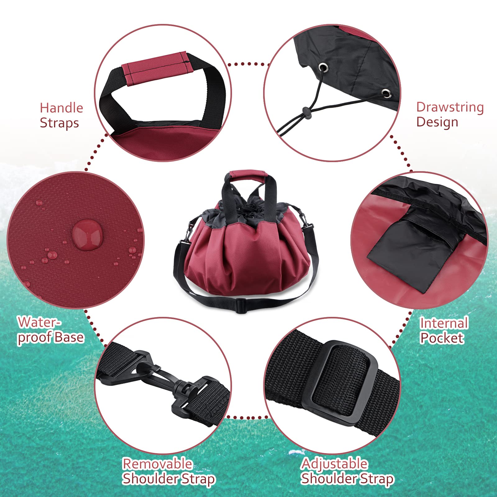 Grand tapis à langer portable avec sac étanche avec bandoulière et poignée pour le surf, la piscine, la plongée et les sports nautiques en plein air - Rouge